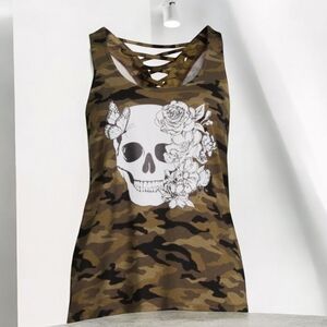 NO Boundaries Juniors Sleeveless Lace-Up Back Graphic Skull Tank Top Large 11-13